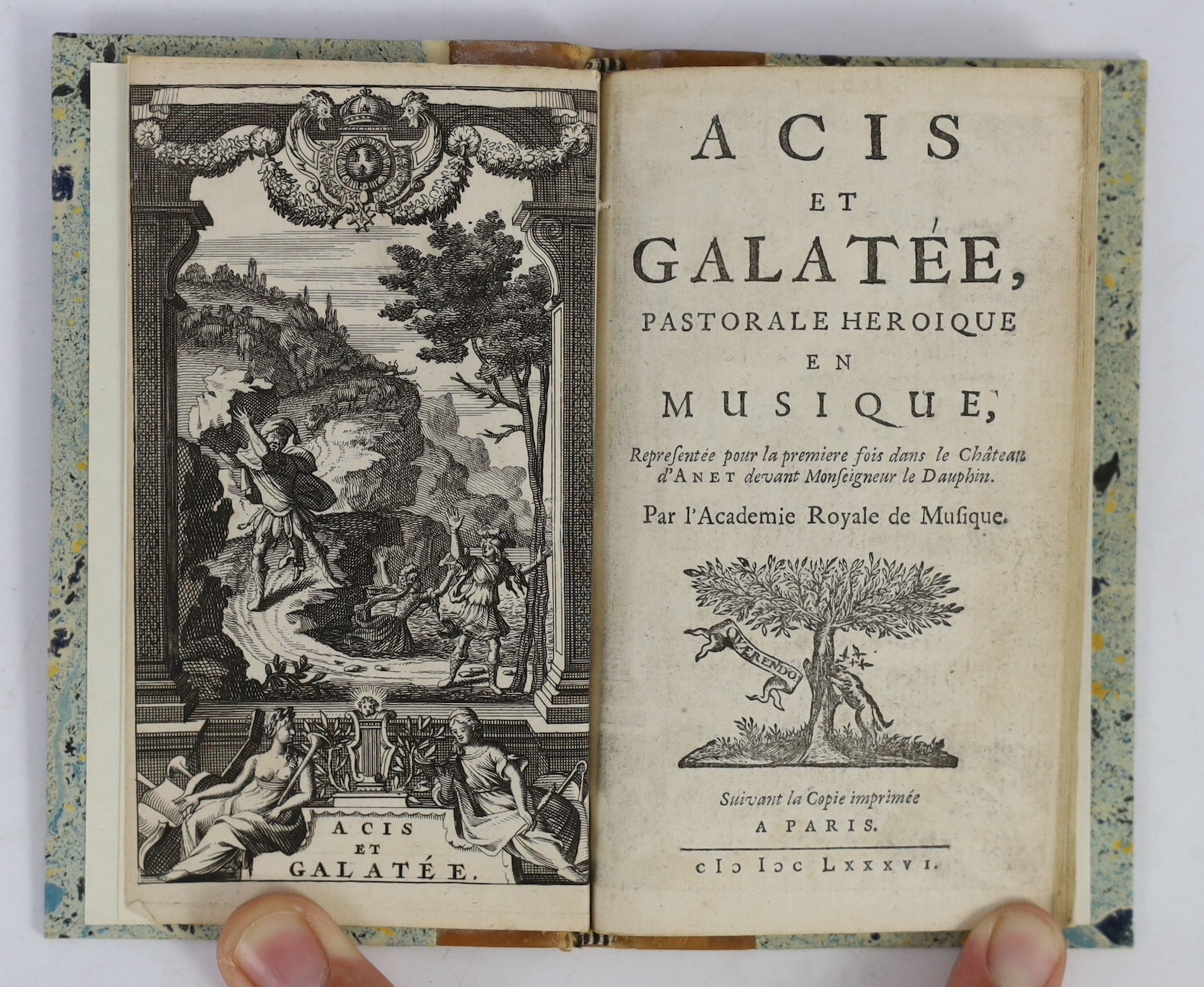 Campistron, Jean Galbert de - Acis et Galatee, Pastorale Heroique en Musique, 12mo, quarter calf gilt with marbled boards, engraved frontis, Paris, 1686